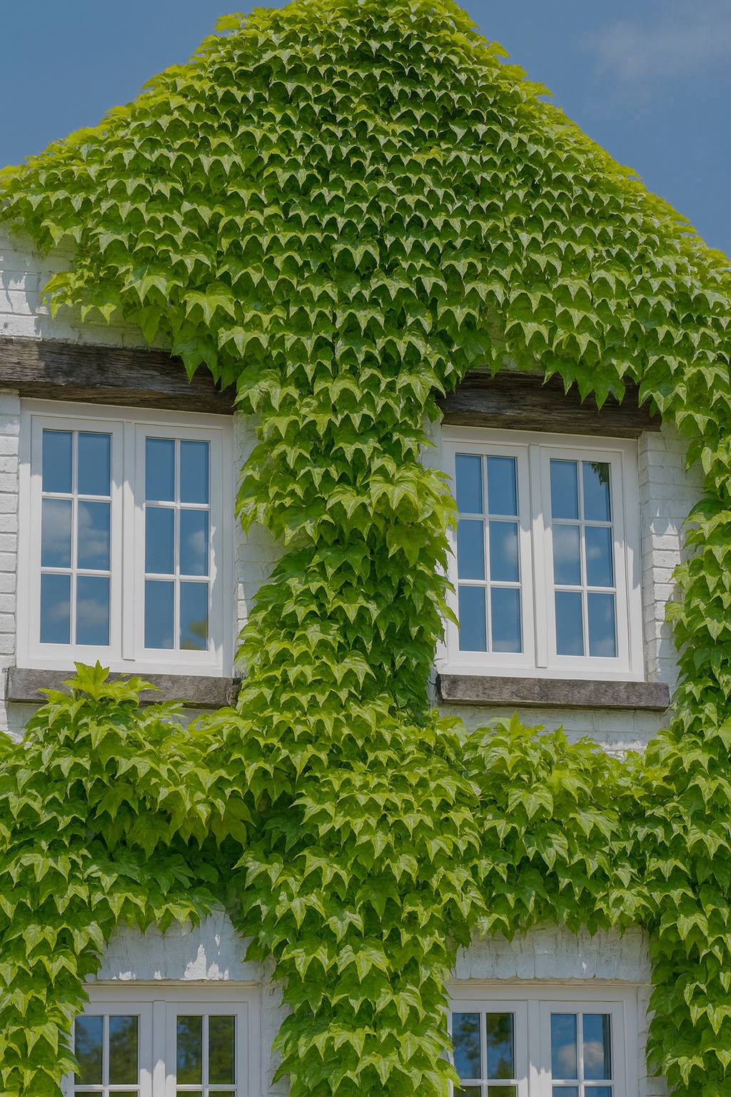 Fenêtres blanches entourées de végétation