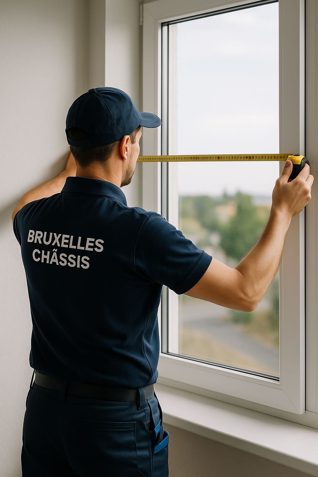 Technicien prenant des mesures pour un dossier de primes châssis à Bruxelles